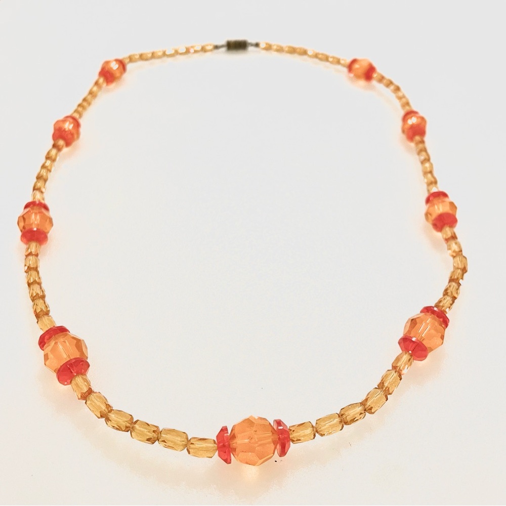 Vintage 1950s Faceted Glass Bead Necklace - Orange Red 26”